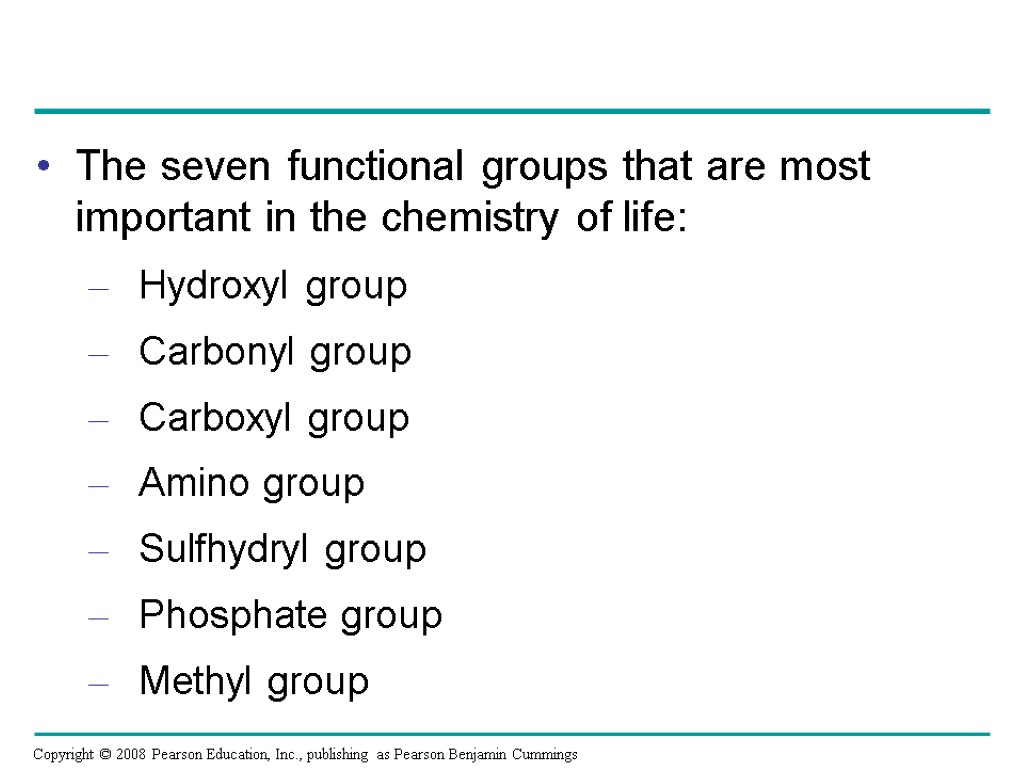 The seven functional groups that are most important in the chemistry of life: Hydroxyl